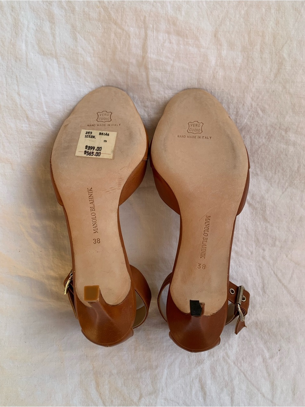 NWT Vintage Manolo Blahnik Leather Buckle Peep Toe Ankle Strap Heels Brown Tan - Picture 8 of 11